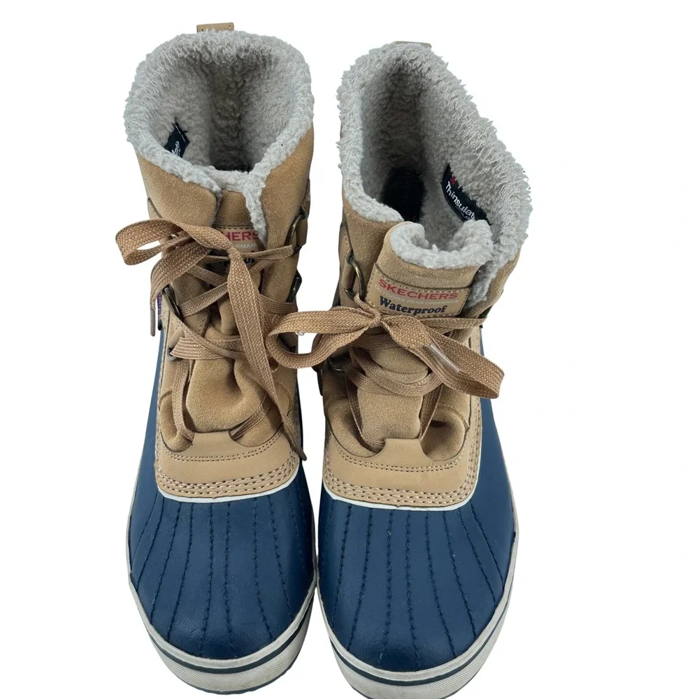 Skechers Outdoor Duck Boots‎ Womens 7.5 Tan Navy Waterproof Thinsulate